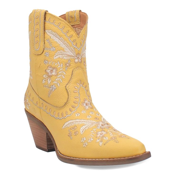 PRICES MAY VARY. Soft leather upper with embroidered flowers and and lacing detail Easy to wear pull on styling Cushioned insole 2.5" stacked heel Synthetic TPR outsole Western Style Yellow Boots For Spring, Womens Yellow Boots, Yellow Leather Boots With Snip Toe, Womens Cowgirl Boots Sunflower, Yellow Western Leather Boots, Dingo Boots, Kids Luggage, Mid Heel, Luxury Store