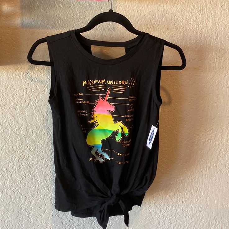 Black Cut Out Back Unicorn Black Top Black Sleeveless School Top, Black Summer Tops For School, Black Spring Tops For School, Trendy Black Tops For School, Playful Black T-shirt For Spring, Playful Black Tops For School, Cute Black Tops For School, Black Cotton Top For School, Black Casual School Tops