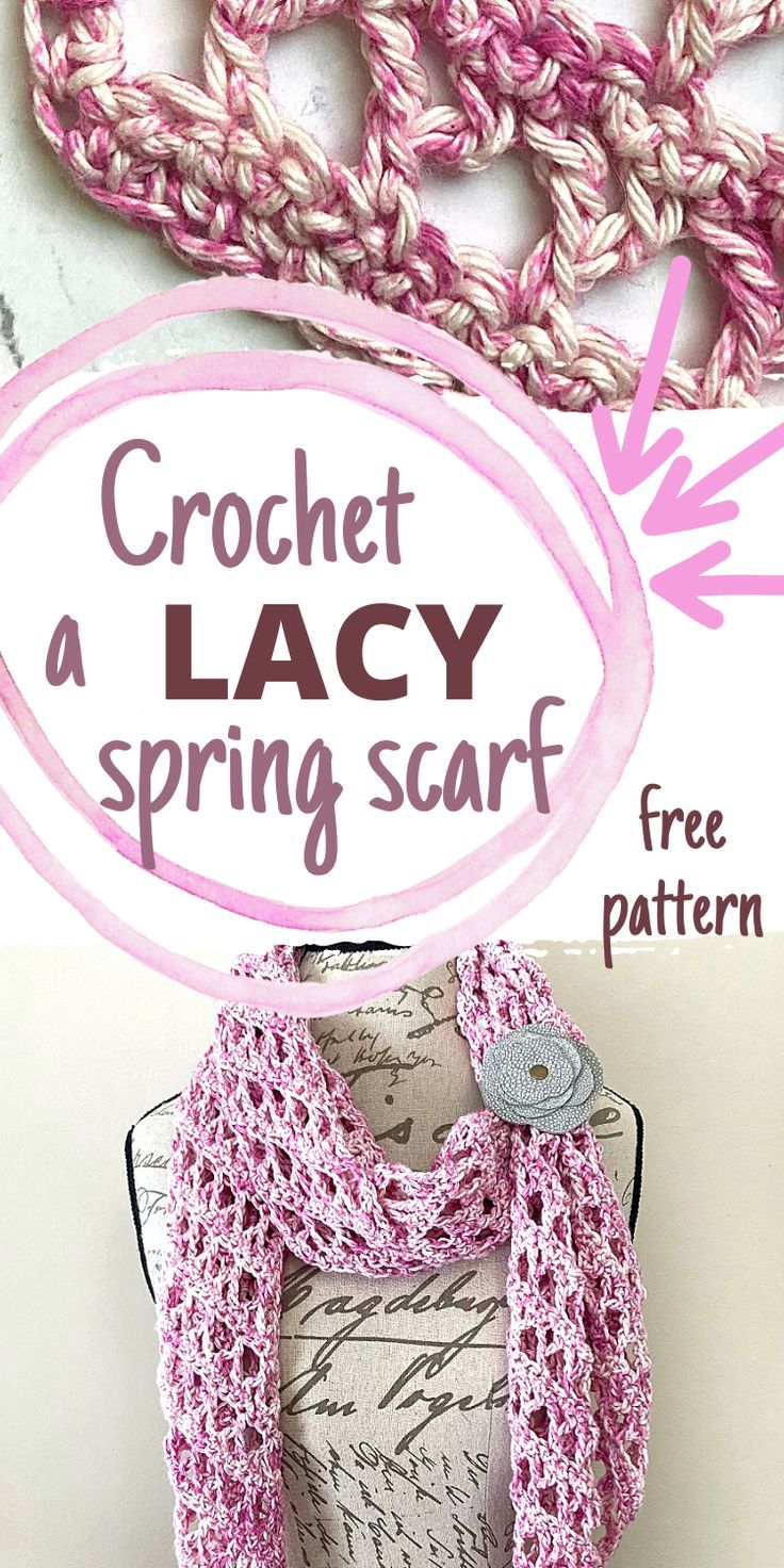 the crochet lacy scarf is on top of a mannequin with text overlay that reads, crochet a lacy spring scarf free pattern