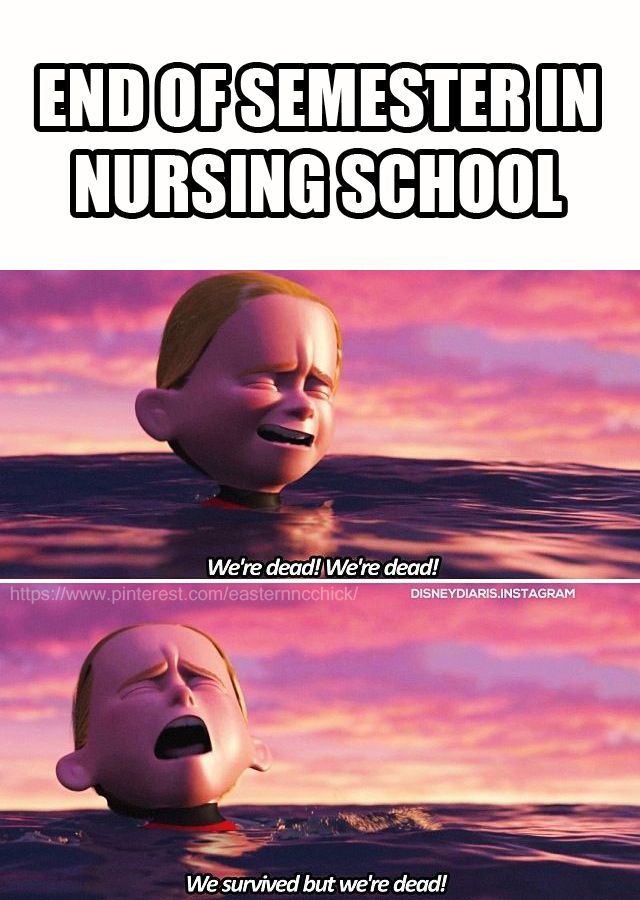 two cartoon faces in the water with caption that reads end of semesterin nursing school