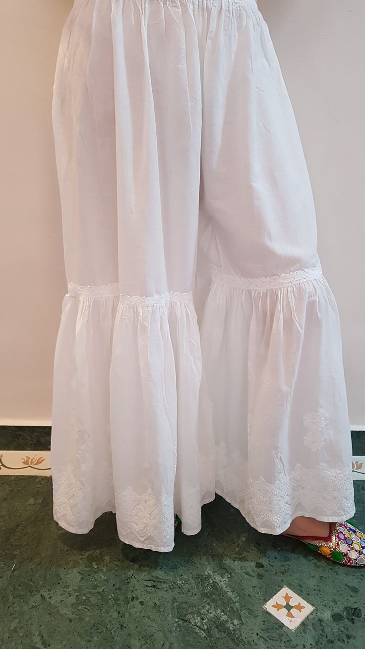 Cotton Bell Pallazzos with intricate hand embroidery by our skilled artisans. Available in FREE SIZE - upto waist 40 Womens Trousers, Womens Pants, Denim And Lace, Denim Design, Trousers Women, Free Size, Hand Embroidery, Lace Trim, Flower Girl Dresses