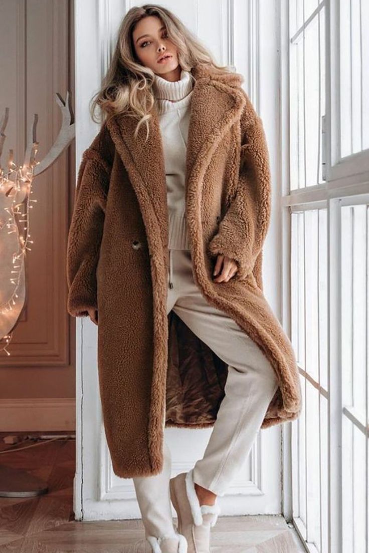 Zapaka Women Brown Notched Lapel Single Breasted Long Teddy Wool coat – ZAPAKA Teddy Coat Outfit, Teddy Bear Coat, Coat Outfit, Cold Weather Fashion, Coat Outfits, Cozy Outfit, Casual Winter Outfits, Autumn Outfit, Looks Style