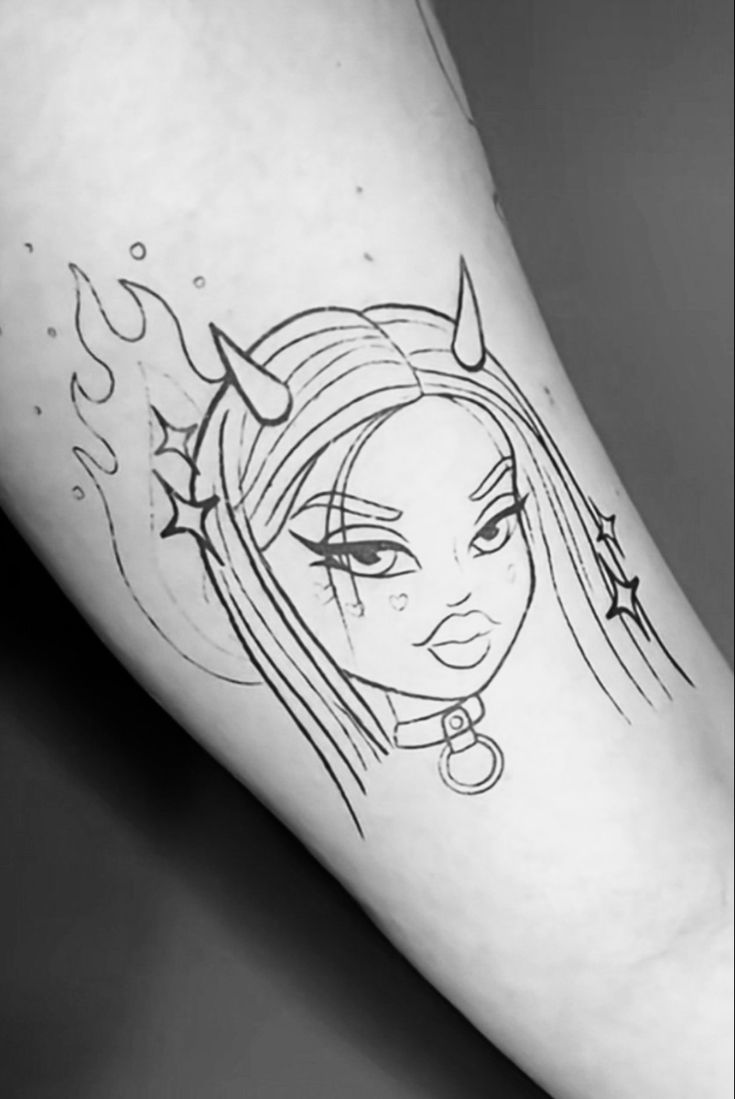 Cartoon Women Tattoo, Matching Bratz Tattoo, Bratz Angel Tattoo, Brat Doll Tattoos For Women, Sasha Bratz Tattoo, Bratz Doll Tattoo Stencil, Bratz Tattoo Stencil, Bratz Doll Tattoo Design, Brats Doll Tattoos