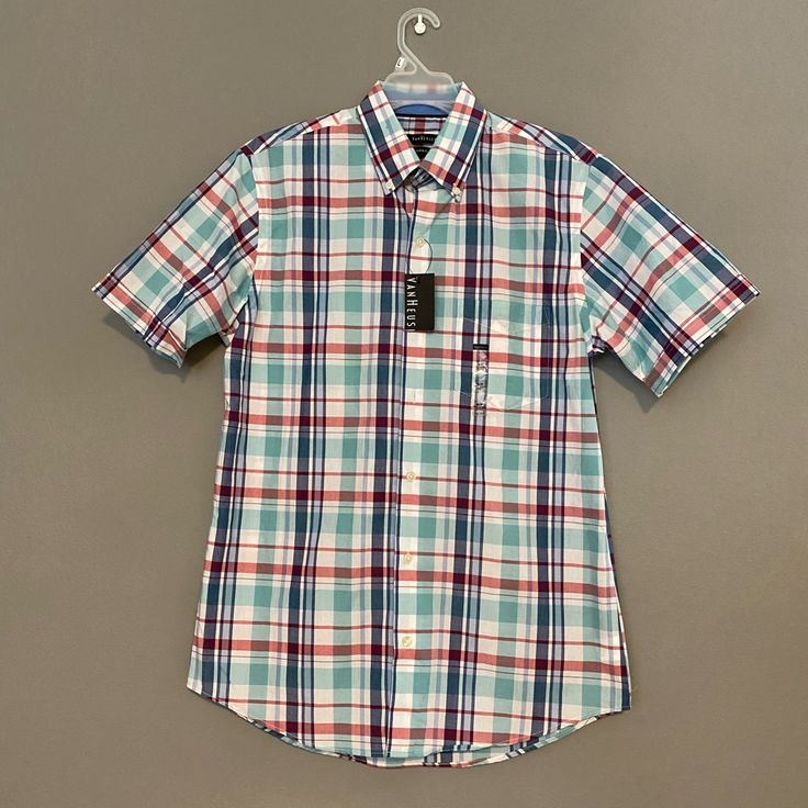 Van Heusen Small 14-14.5 Blue Plaid Button Down Short Sleeve Shirt Nwt Classic Multicolor Short Sleeve Shirt, Casual Light Blue Button-up Short Sleeve Shirt, Button Down Short Sleeve, Van Heusen, Mens Vans, Button Shirt, Blue Plaid, Casual Shirts For Men, Casual Button Down Shirts