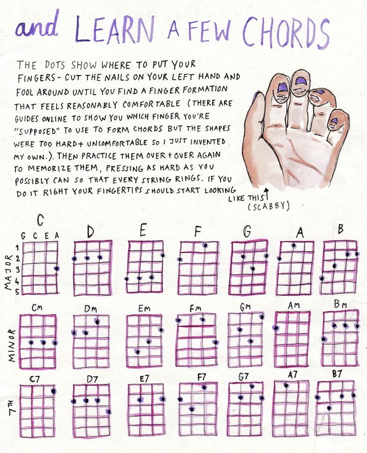 a hand drawn diagram with the words and learn a few chords in purple on it