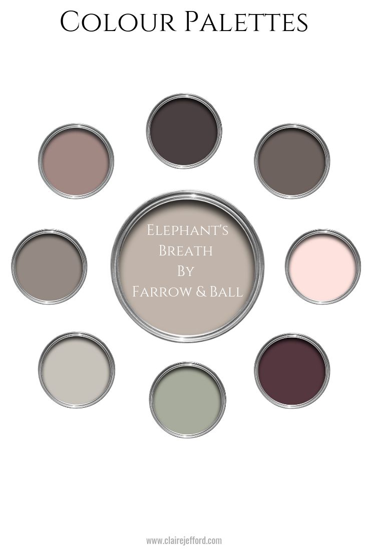 the different shades of paint in this color palette are shown with text that reads, elephants breath by farrow & ball