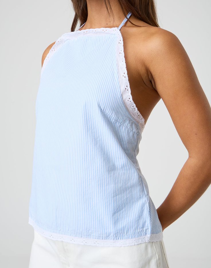 This blouse features a high neck halter design with a detailed tie back for an adjustable fit to your tailored desire. High Neck Halter, Backless Blouse, Tie Backs, Tie Back, White Stripe, High Neck, Blue, White, Clothes