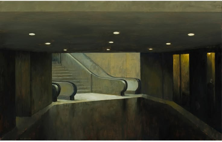 a painting of an escalator in a building