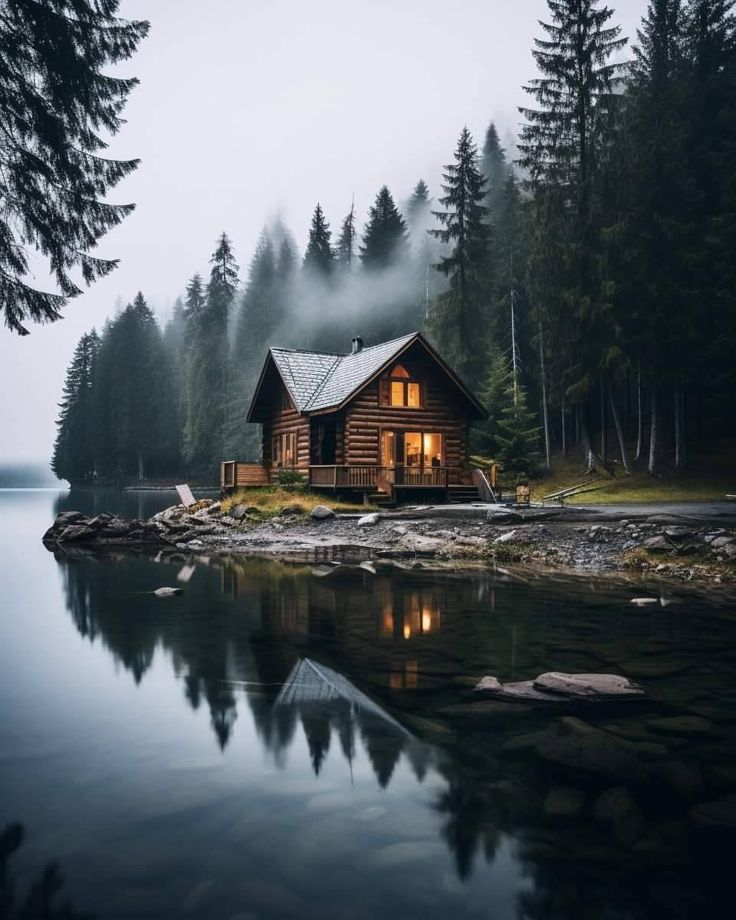 a log cabin sits on the shore of a lake in front of some pine trees