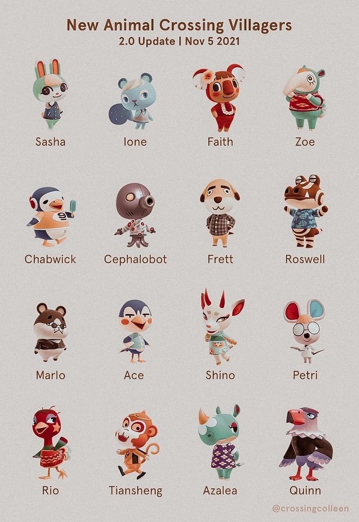 the animal crossing villagers characters are all in different colors and sizes, with their names on them