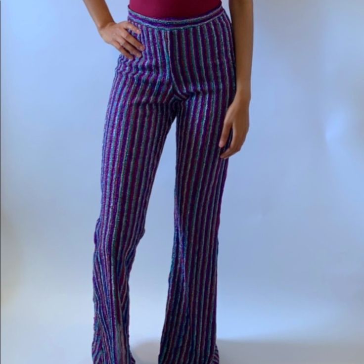 Shimmer Flare Pants Size Small. I’m 5’7 So They’re Pretty Lengthy. Ask About Other Sizes Multicolor Stretch Bottoms For Night Out, Spring Purple Mid-rise Pants, Purple Trousers For Night Out, Casual Purple Party Pants, Wide Leg Multicolor Pants For Party, Casual Purple Pants For Party, Purple Stretch Trousers, High Waist Purple Pants For Night Out, Casual Multicolor Pants For Night Out