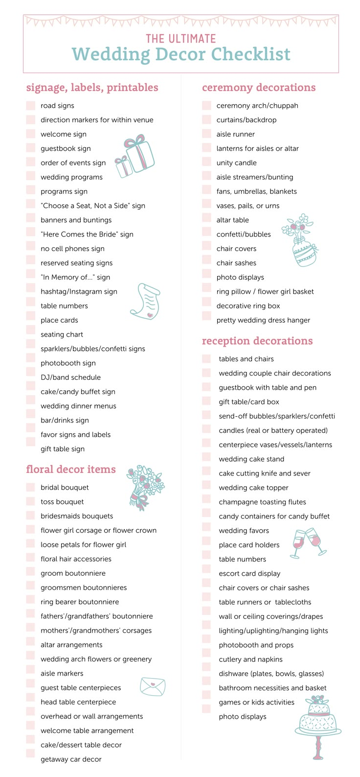 Wedding Decor & Flowers Checklist Wedding Decoration Checklist, Wedding Decor Checklist, Decor Checklist, Wedding Planning Binder, Wedding Decor Flowers, Wedding Party Flowers, Wedding Binder, Flowers Bride, Decorations Flowers