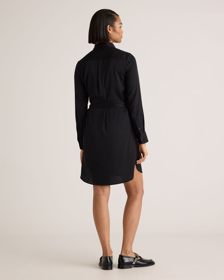 Our silk shirt dress is sleek, streamlined, and pulled together with an effortless tie at the waist. It has button cuffs and hidden button fron details. Versatile style for day to night, meetings to drinks—and washable to top it off. Plus, silk fiber contains 18 kinds of amino acids that make it amazing for skin nourishment, hypo-allergenic, and naturally thermoregulating to help maintain body temperature.  | Quince | Women's 100% Washable Silk Stretch Shirt Dress in Black, Size Medium Silk Fiber, Silk Shirt Dress, Body Temperature, Silk Shirt, Versatile Style, Amino Acids, Quince, Low Price, Shirt Dress