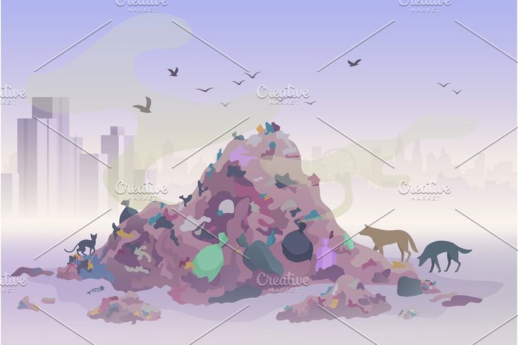 a pile of garbage with birds flying around