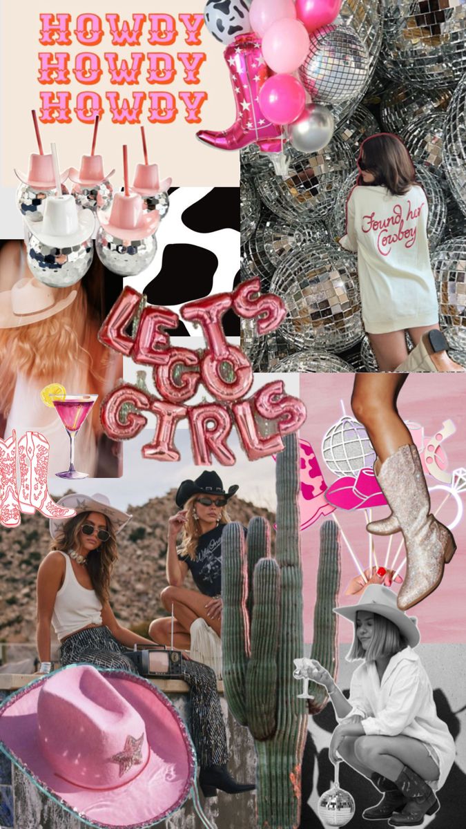 the collage has pink and white balloons, cowgirl hats, and other items