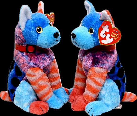 two blue and orange stuffed animals sitting next to each other