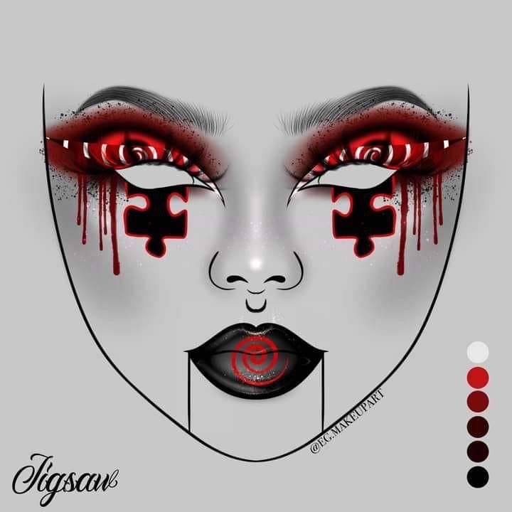 Glam Demon Makeup, Makeup Mood Board, Halloween Themed Makeup, Monster High Inspired Makeup, Glam Gore Makeup, Halloween Liner, Cinnamon Nails, Succubus Eye Makeup, Jigsaw Makeup