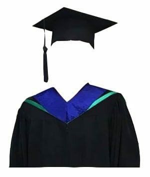 a graduation cap and gown are on display