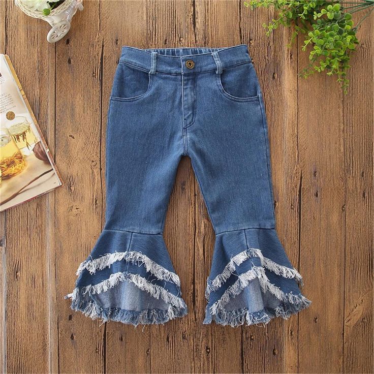 Girls Casual Pocket Solid Bell Jeans Wholesale Girl Clothing - PrettyKid Trousers For Girls, Bell Bottom Trousers, Bell Jeans, Girls Clothing Online, Long Sleeve Outfits, Flare Denim Jeans, Jeans Kids