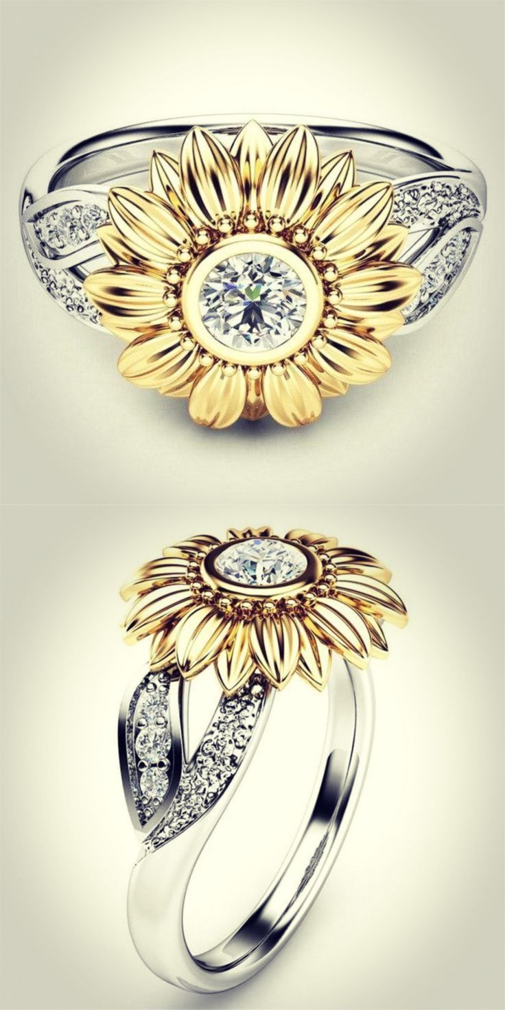 The Sunflower Ring #beautifulringsjewelry Elegant Rings For Summer Beach Occasions, Elegant Summer Beach Rings, Gold Jewelry With Sunflower Design For Summer, Summer Gold Jewelry With Sunflower Design, Summer Sunflower Design Jewelry, Sunflower Rings, Sunflower Ring, Diamond Rings Design, Flower Engagement Ring