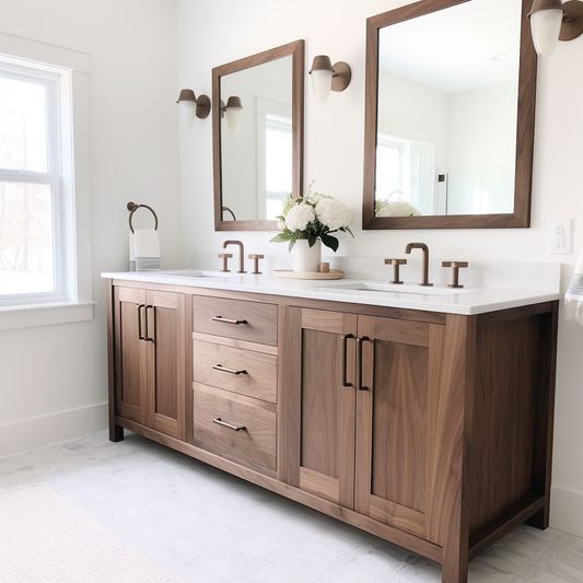 a bathroom with double sinks and two mirrors