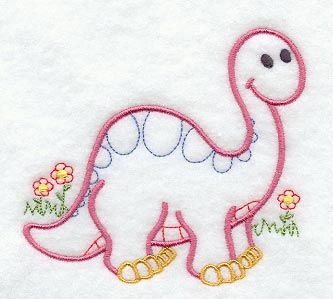 a white towel with a pink and yellow embroidered dinosaur on it's side,