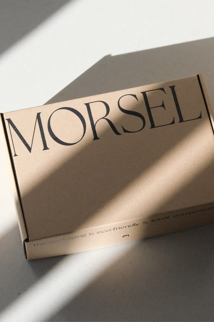 a box with the word morsel on it sitting on top of a white table