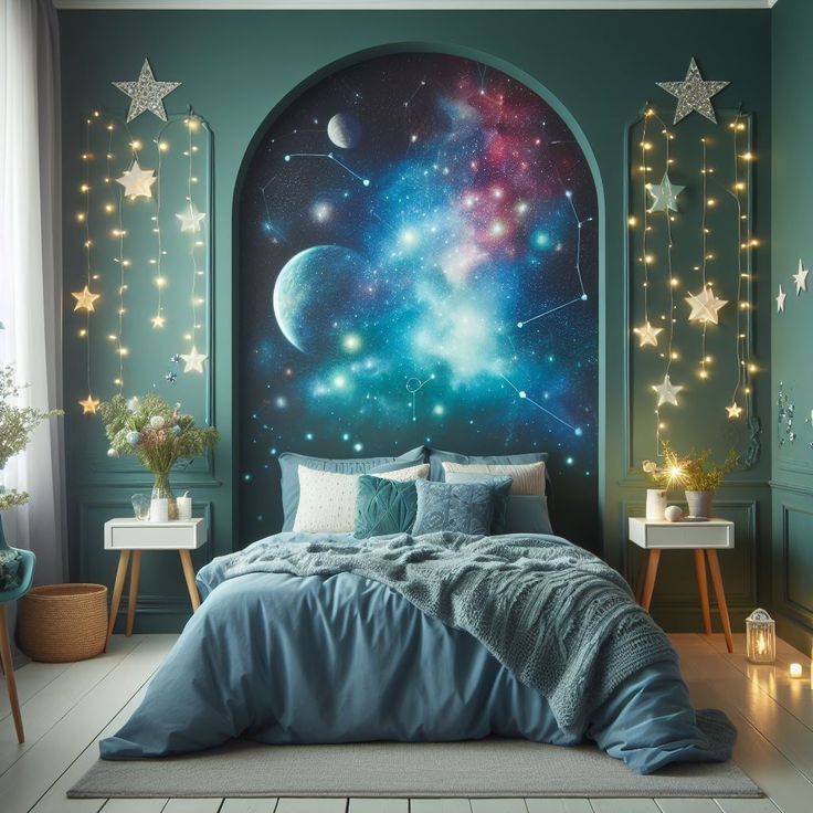 a bedroom decorated in blue and green with stars on the wall