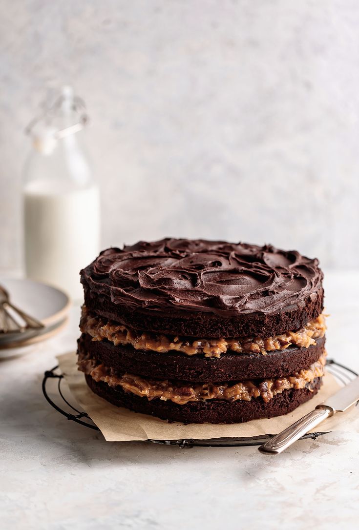 a chocolate cake sitting on top of a plate next to a glass of milk