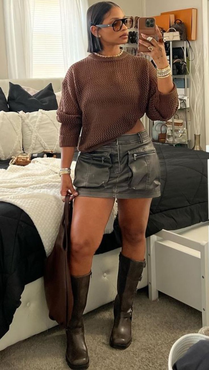 Going Out In Cold Weather Outfit, Fall Vineyard Outfits Black Women, Fall Bar Crawl Outfits, Fall Boots Outfit Black Women, Baseball Hat And Heels Outfit, Fall Skirt With Boots, California November Outfits, Brown And Gold Outfits For Black Women, Day Party Outfit Black Women Fall