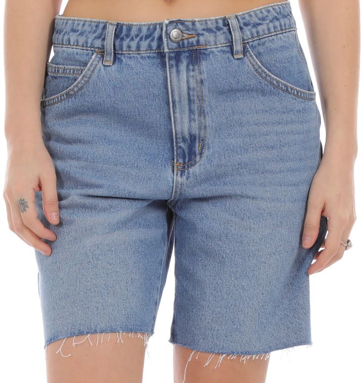 Embrace the warm weather ahead in these vintage wash denim shorts with a raw edge hem for a lived-in look. With a mid-rise, fixed waist, and VA stitching, the Crawford Long Shorts will provide comfort and style wherever you go. Mid-rise Bermuda Shorts With Frayed Hem In Medium Wash, Mid-rise Medium Wash Bermuda Shorts With Frayed Hem, Medium Wash Cotton Bermuda Shorts With Frayed Hem, High-waisted Denim Bermuda Shorts With Frayed Hem, Blue Denim Cutoff Bermuda Shorts, Relaxed Fit Medium Wash Bermuda Shorts With Frayed Hem, High Rise Medium Wash Bermuda Shorts With Frayed Hem, Washed Blue Straight Leg Jean Shorts With Frayed Hem, Medium Wash Bermuda Shorts With Frayed Hem For Spring