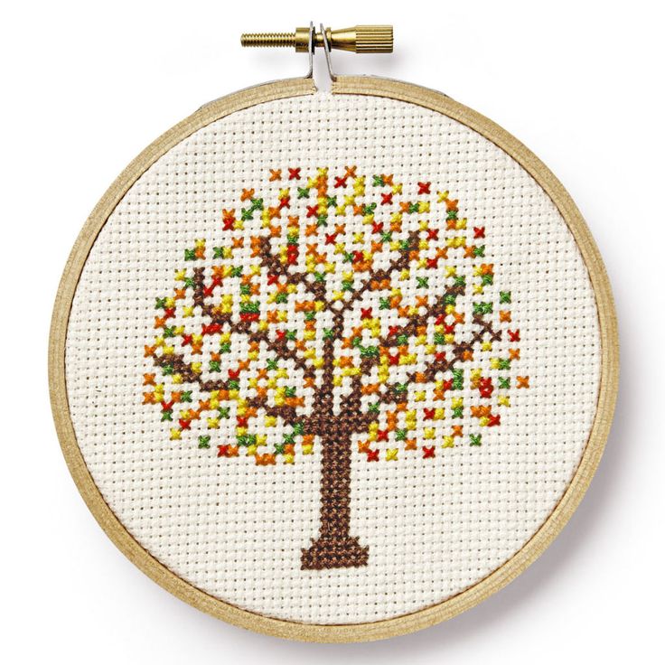 a cross stitch tree with colorful beads on it's hoop hanging from a wall