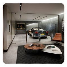 a living room filled with furniture and a car