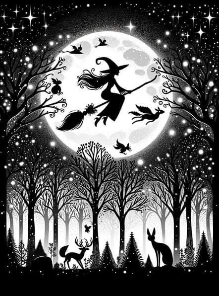 a black and white drawing of a witch flying over the forest at night with her cat