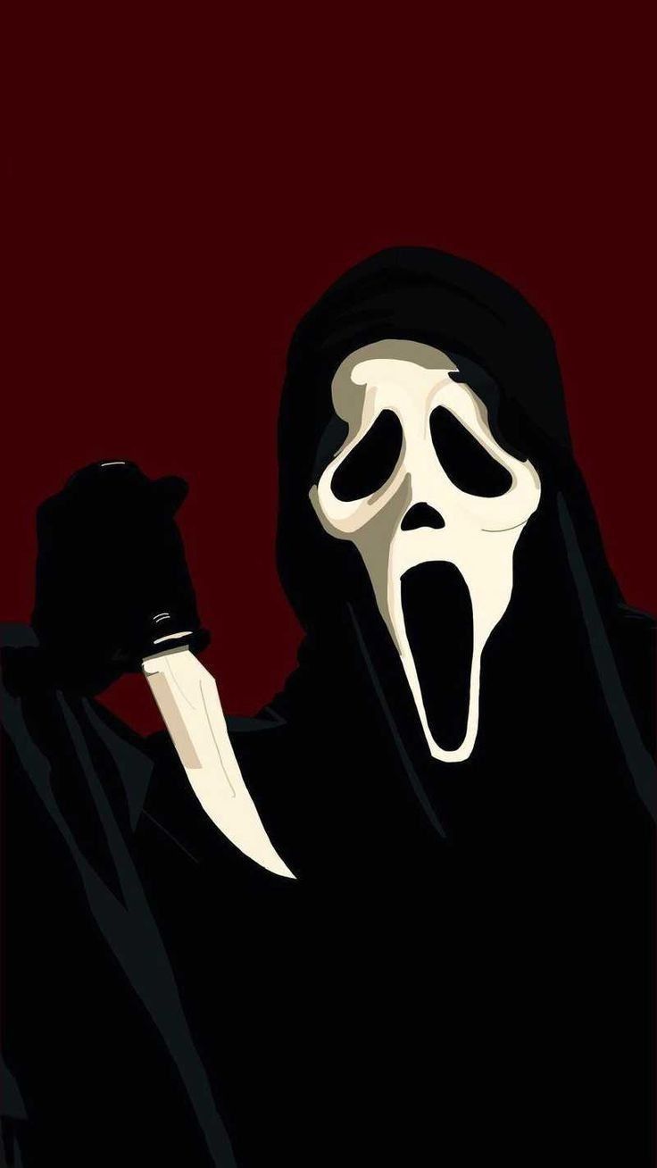 a person in a black robe holding a knife with their mouth open and wearing a ghost mask