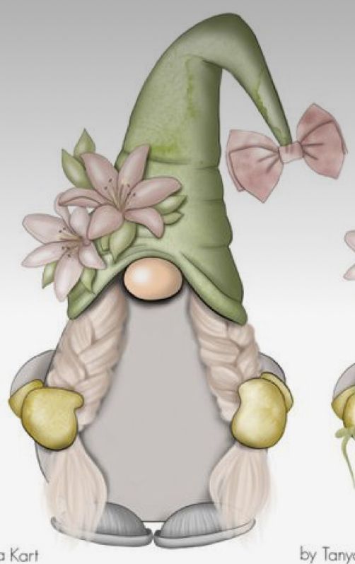 an image of a gnome's hat with flowers and bows on its head, sitting next to another gnome