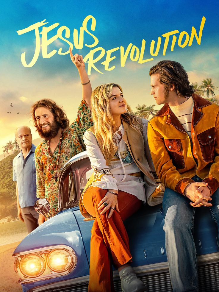 the movie poster for jesus's revolution, with two people sitting on top of a car