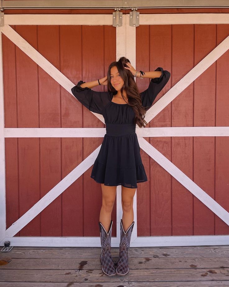 Country Sundress With Boots, Long Sleeve Country Dress, Cowgirl Boots Formal Outfit, Cute Outfits Cowboy Boots, Dress Up Country Outfits, Country Concert Outfit Skirt Cowgirl Boots, Long Sleeve Dress With Cowgirl Boots, Boots With Hoco Dress, Country Winter Formal Dresses