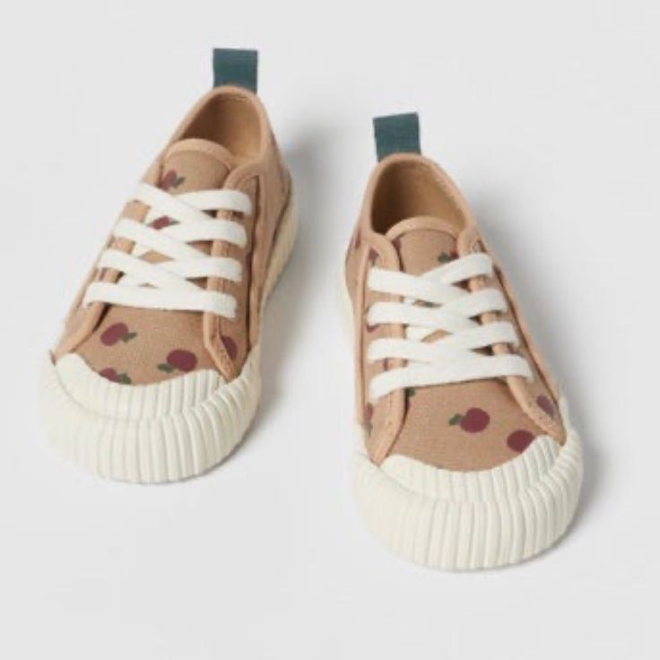 Zara Baby Toddler Kids Girl Cotton Apple Sneakers Size 27 (10.5) And 22 (6.5) Available Nwt Casual Brown Sneakers For Playtime, Brown Casual Sneakers With Soft Sole, Casual Brown Sneakers With Soft Sole, Brown Non-slip Sneakers For Spring, Casual Cream Sneakers With Soft Sole, Cute Low-top Sneakers With Soft Sole, Brown Sneakers With Soft Sole For Playtime, Casual Canvas Shoes With Round Toe For Playtime, Brown Low-top Sneakers For School