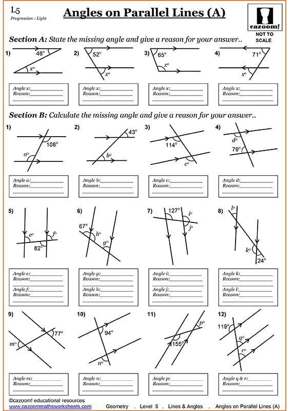 the angles on parallel lines worksheet is shown in black and white, as well as