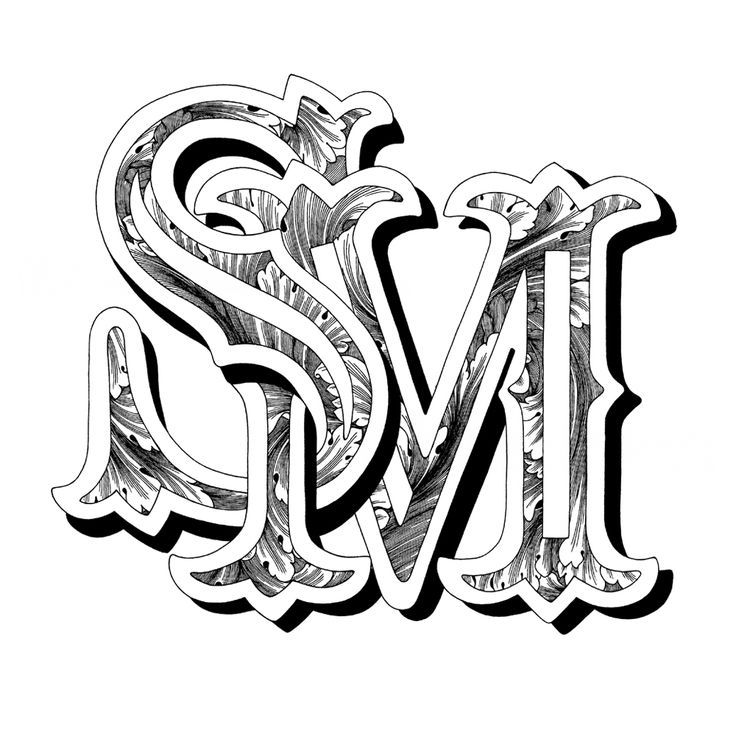 the letter s is made up of swirls and letters that are black and white