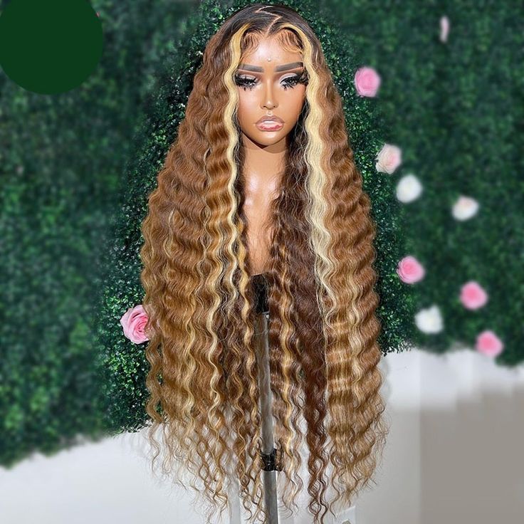 Long Curly Honey Blonde Hair, Highlighted Deep Wave Wig, Blonde Deep Wave Wig, Highlight Deep Wave Wig, Piano Wig, Honey Blonde Deep Wave, Deep Wave Wig, Brown With Blonde Highlights, Frontal Wig Hairstyles