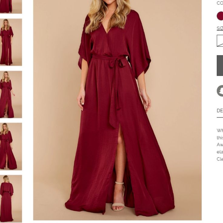 Red Dress Boutique Can't Look Away Burgundy Maxi Dress - Small - New With Tags. In Person The Color Is Darker, More Purple, Less Red (Like The Last Photo). This Gorgeous Dress Has Been Sold Out! This Maxi Dress Features A Surplice Neckline Secured By A Modesty Clasp, Large Kimono-Style Sleeves, And An Elastic Waistline Accompanied By An Included Matching Waist Tie. Model Is Wearing A Small. 100% Polyester Dry Clean Only Lined 100% Rayon Imported Length: Hem Hits At Floor As Total Length Measures Burgundy Maxi Dress For Date Night, Red V-neck Maxi Dress For Bridesmaid, Flowy Red Bridesmaid Dress, Red Flowy Bridesmaid Dress, Classy Maxi Dress, Pretty Dresses Casual, Burgundy Maxi Dress, Body Con Dress Outfit, Midi Dress Formal