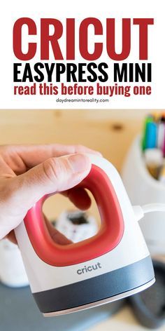 a hand holding an electric iron with the words cricut easypress mini read this before buying one