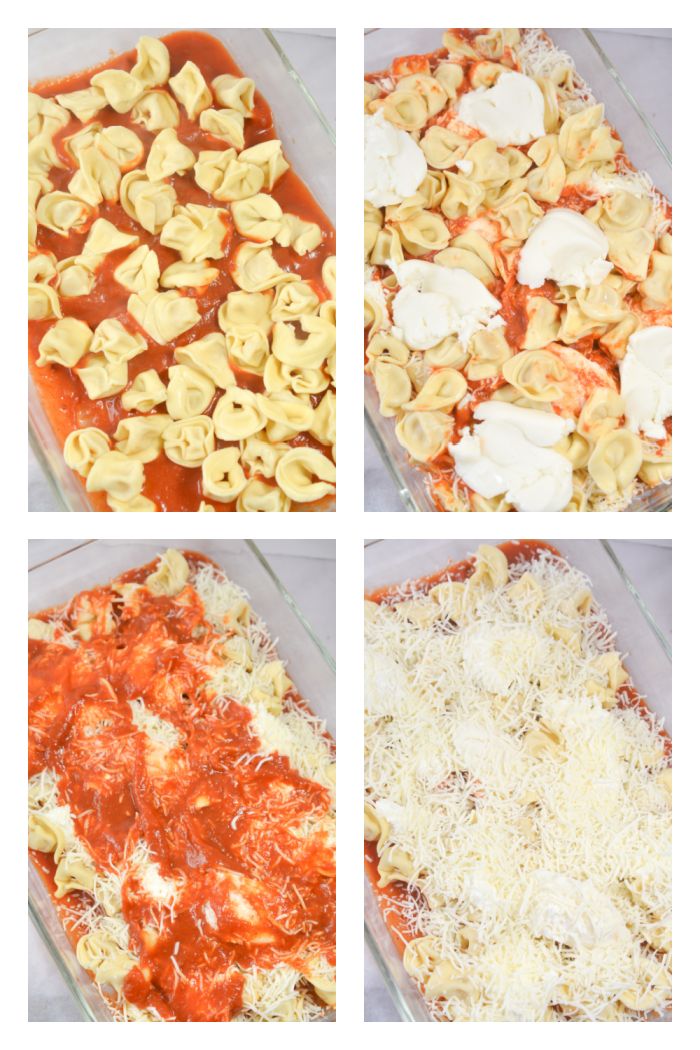 four different views of pasta and sauce in casserole pans with cheese on top