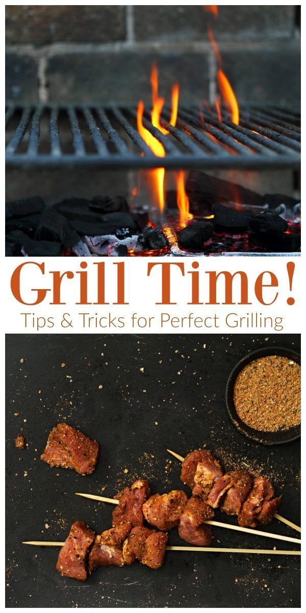 the grill time tips and tricks for perfect grilling book cover with images of food on skewers