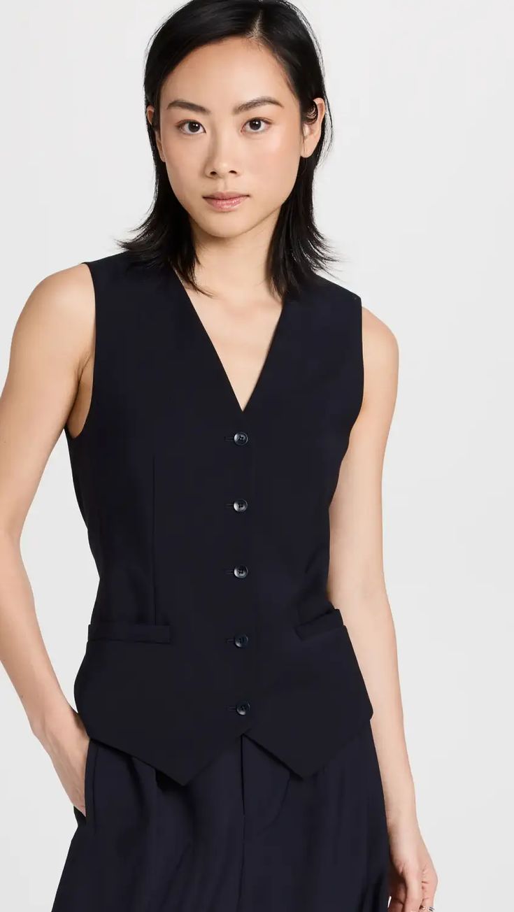 Tibi Tropical Wool Vest | Shopbop Modern Flat Front Suits For Workwear, Fitted Suits For Workwear, Fitted V-neck Suits For Work, Fitted Structured Suit With Button Closure, Tailored V-neck Office Suits, Fitted Suit With Button Closure For Workwear, Modern Fitted Suits For Workwear, Workwear Suits With Button Closure, Modern Suits With Button Closure