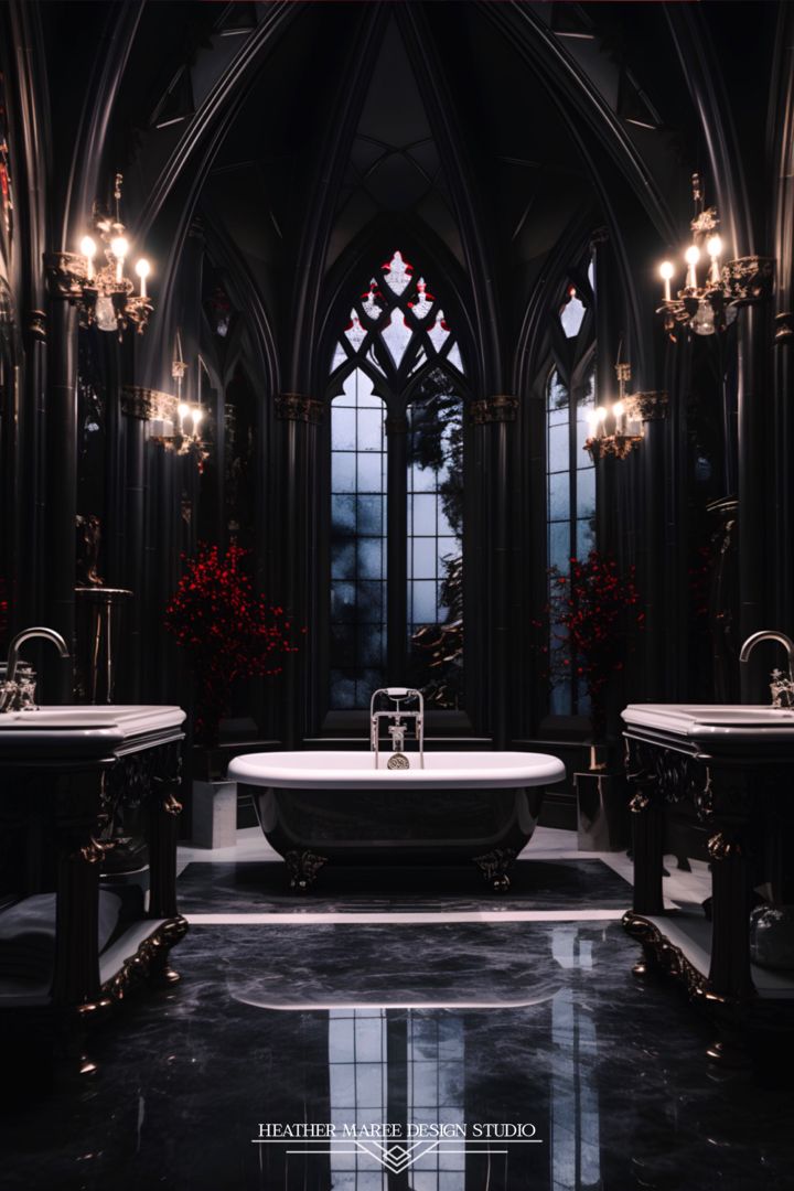 a gothic bathroom with two sinks and a bathtub in the center, surrounded by chandeliers