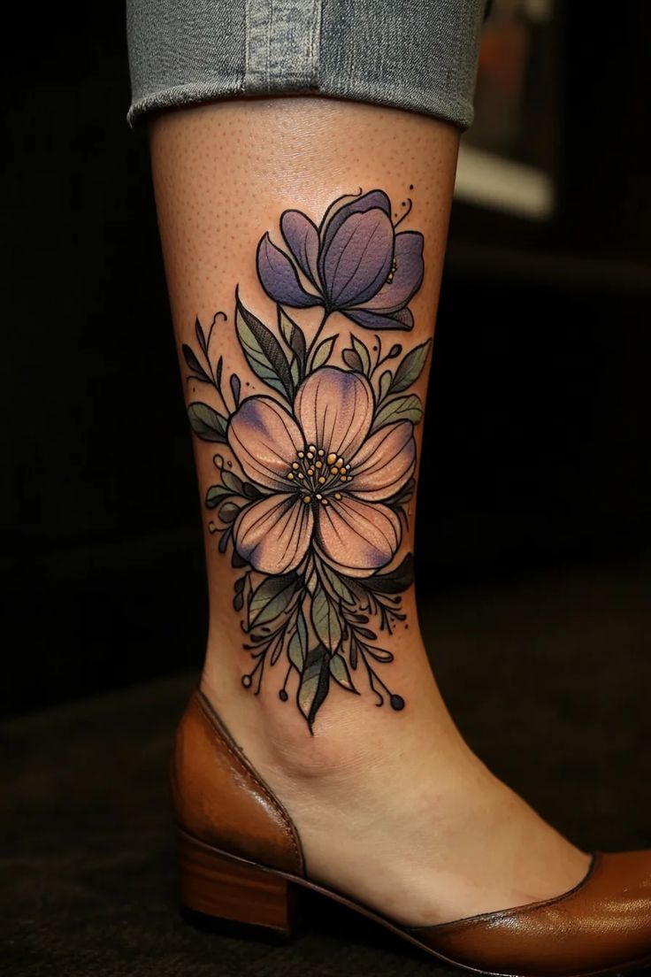 a woman's foot with a flower tattoo on the side of her leg,