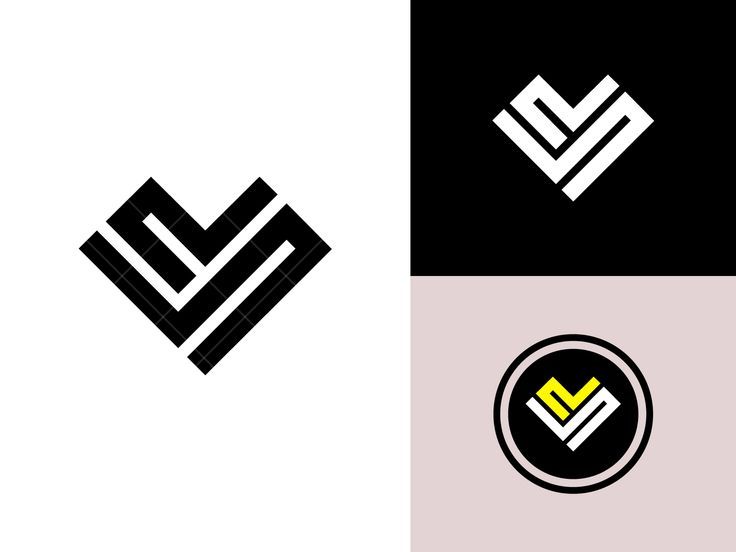 four different logos with the letters m and v in black, white, yellow and grey